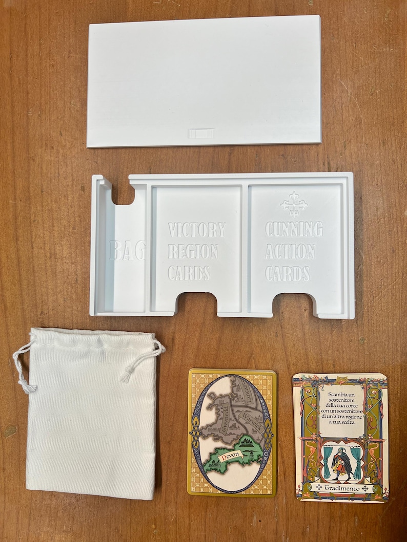 Op de afbeelding: Witte plastic organizer met drie compartimenten voor het opbergen van kaarten. De compartimenten zijn gelabeld met "Victory Region Cards", "Cunning Action Cards" en "Bag". Een witte stoffen tas, een victory region card met een kaart van Devon en een cunning action card met tekst in het Italiaans zijn ook te zien.