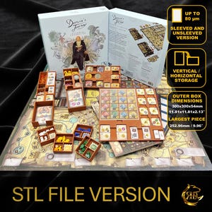 May include: A board game organiser set with wooden trays and boxes for game components. Includes a game board and boxes with dimensions of 300x300x54mm. The largest piece is 252.96mm. The text "STL FILE VERSION" is visible. Features vertical and horizontal storage.