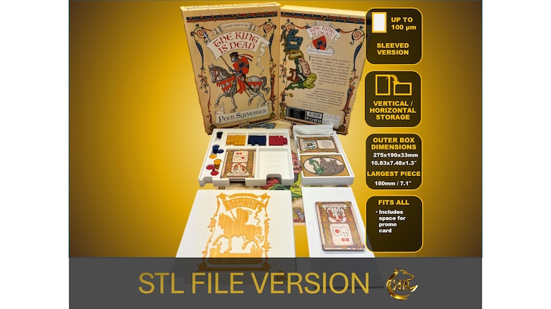 Op de afbeelding: Een 3D-geprinte spelorganizer voor het bordspel "The King is Dead". De organizer is gemaakt van wit plastic en heeft compartimenten voor alle onderdelen van het spel. De organizer is ontworpen om gesleevede kaarten tot 100 micron te passen. De afmetingen van de doos zijn 275 mm x 190 mm x 33 mm. Het grootste onderdeel is 180 mm.