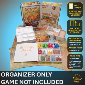 Puede incluir: Un organizador de juegos de mesa para Stone Age, con m&uacute;ltiples bandejas y compartimentos blancos para las piezas del juego. Las dimensiones de la caja son 317x227x94mm. La pieza m&aacute;s grande mide 220mm. Admite versiones enfundadas y sin enfundar y permite almacenamiento vertical u horizontal.