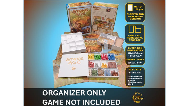 Puede incluir: Un organizador de juegos de mesa para Stone Age, con m&uacute;ltiples bandejas y compartimentos blancos para las piezas del juego. Las dimensiones de la caja son 317x227x94mm. La pieza m&aacute;s grande mide 220mm. Admite versiones enfundadas y sin enfundar y permite almacenamiento vertical u horizontal.