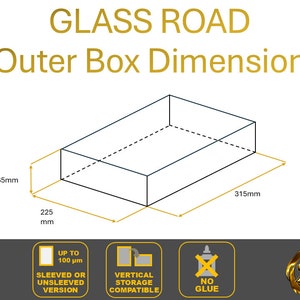 May include: A line drawing of a rectangular box with dimensions labeled in millimeters. The box is 65 mm high, 225 mm wide, and 315 mm long. The text "GLASS ROAD Outer Box Dimension" is above the box. Three icons are below the box: one shows a card with the text "UP TO 100 &mu;m SLEEVED OR UNSLEEVED VERSION", another shows a card with the text "VERTICAL STORAGE COMPATIBLE", and the last shows a red X over a bottle of glue with the text "NO GLUE".