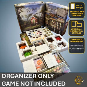 May include: White foam insert organizer for the board game Reykholt. The organizer has compartments for game pieces, cards, and the game board. The organizer is designed to fit sleeved and unsleeved cards. The organizer is 11.65 inches by 11.65 inches by 2.03 inches.