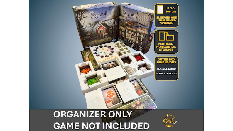 May include: White foam insert organizer for the board game Reykholt. The organizer has compartments for game pieces, cards, and the game board. The organizer is designed to fit sleeved and unsleeved cards. The organizer is 11.65 inches by 11.65 inches by 2.03 inches.