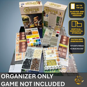 May include: Averna board game organizer with multiple compartments for storing game pieces. The organizer is made of white plastic and has a black and gold design. The organizer is for the sleeved and unsleeved version of the game. The box dimensions are 12.45 x 8.94 x 4.02 inches.