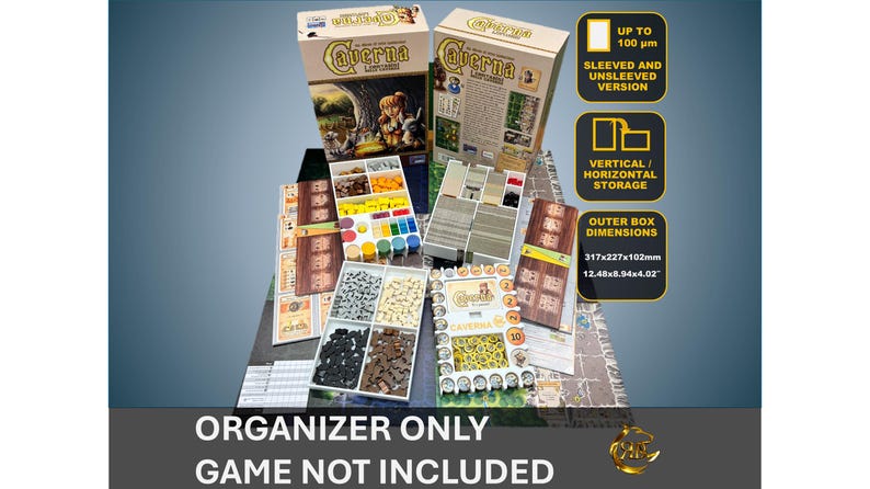 May include: Averna board game organizer with multiple compartments for storing game pieces. The organizer is made of white plastic and has a black and gold design. The organizer is for the sleeved and unsleeved version of the game. The box dimensions are 12.45 x 8.94 x 4.02 inches.