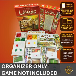 May include: A white organizer for the board game Loyang. The organizer has multiple compartments for storing the game's components, including cards, tokens, and tiles. The organizer is designed to fit sleeved and unsleeved game pieces. The box dimensions are 12.28 x 8.78 x 2.87 inches.