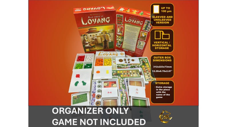 May include: A white organizer for the board game Loyang. The organizer has multiple compartments for storing the game's components, including cards, tokens, and tiles. The organizer is designed to fit sleeved and unsleeved game pieces. The box dimensions are 12.28 x 8.78 x 2.87 inches.