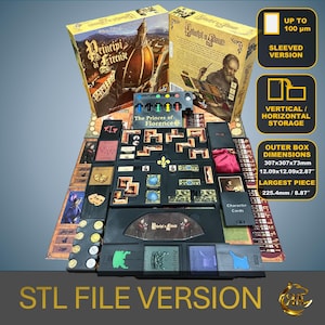 May include: A black and gold board game with the title "Principi di Firenze" and a box with the dimensions 12.09 x 12.00 x 2.87 inches. The largest piece is 8.87 inches.