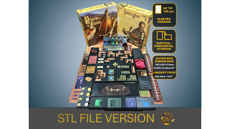 May include: A black and gold board game with the title "Principi di Firenze" and a box with the dimensions 12.09 x 12.00 x 2.87 inches. The largest piece is 8.87 inches.