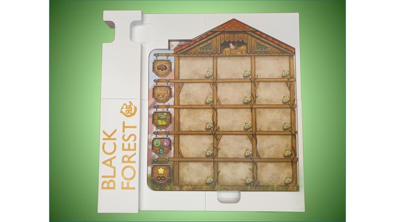 May include: A white wooden game board with a brown and beige illustration of a house with a roof and windows. The board has a vertical section on the left side with the text "BLACK FOREST" in gold lettering. The board has a series of squares with small illustrations of animals and crops.