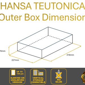 May include: Diagram showing the outer box dimensions of a product. The box is 7 inches by 22.7 inches by 31.8 inches. The text "HANSA TEUTONICA" is at the top of the image. The text "Outer Box Dimension" is below the company name. The image also includes three icons: "Sleeved or Unsleeved Version", "Vertical Storage Compatible", and "No Glue".