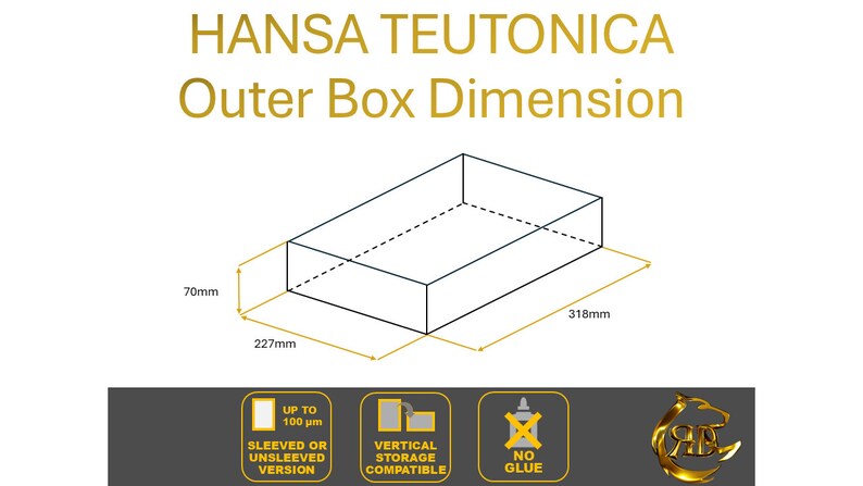 May include: Diagram showing the outer box dimensions of a product. The box is 7 inches by 22.7 inches by 31.8 inches. The text "HANSA TEUTONICA" is at the top of the image. The text "Outer Box Dimension" is below the company name. The image also includes three icons: "Sleeved or Unsleeved Version", "Vertical Storage Compatible", and "No Glue".