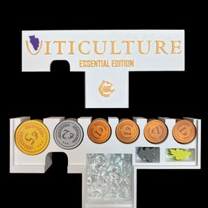 May include: White game organizer with the words "Vitiiculture Essential Edition" on the top. The organizer has compartments for game pieces, including gold, silver, and orange coins, as well as clear glass tokens.