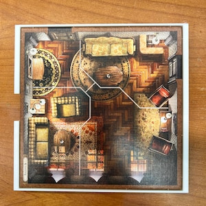 May include: Overhead view of a board game depicting a detailed floor plan of a mansion. The game board features rooms with furniture, rugs, and intricate wooden flooring. The color palette includes browns, golds, and reds, creating a vintage aesthetic.