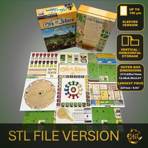 May include: A set of game components for the board game "Ora et Labora" in a box with a yellow lid. The game components include a game board, cards, and tokens. The box is labeled with the game's title and the words "STL File Version".