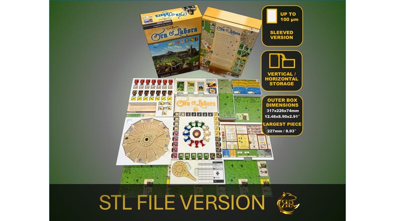 May include: A set of game components for the board game "Ora et Labora" in a box with a yellow lid. The game components include a game board, cards, and tokens. The box is labeled with the game's title and the words "STL File Version".