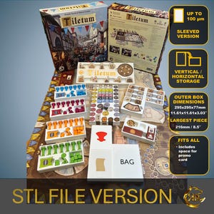 May include: A 3D printed organizer for the board game Tilectum. The organizer is made of white plastic and includes compartments for all of the game's components, including the tiles, meeples, and cards. The organizer also includes a bag for storing the game's components. The organizer is designed to fit all of the game's components, including sleeved cards. The organizer is 11.61 inches by 11.61 inches by 3.03 inches.