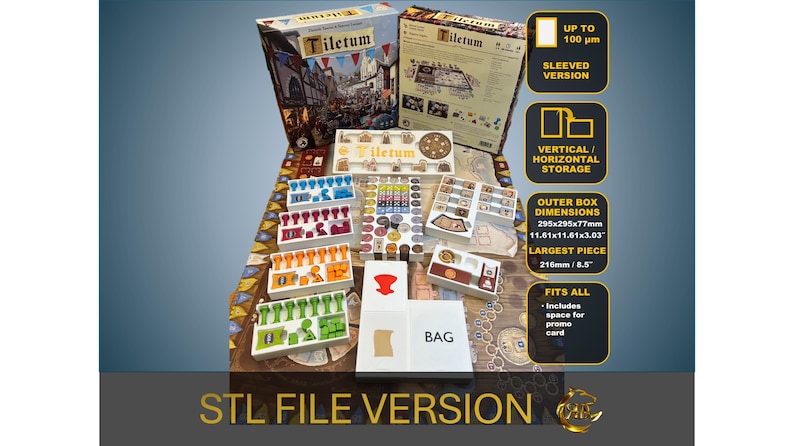 May include: A 3D printed organizer for the board game Tilectum. The organizer is made of white plastic and includes compartments for all of the game's components, including the tiles, meeples, and cards. The organizer also includes a bag for storing the game's components. The organizer is designed to fit all of the game's components, including sleeved cards. The organizer is 11.61 inches by 11.61 inches by 3.03 inches.