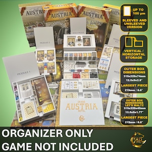 May include: An organizer for the board game Grand Austria Hotel. The image shows the organizer with various components, including boxes and cards. The text on the boxes reads "AUSTRIA" and "GRAND AUSTRIA HOTEL". The largest piece is 8.6 inches. The text "ORGANIZER ONLY GAME NOT INCLUDED" is also visible.
