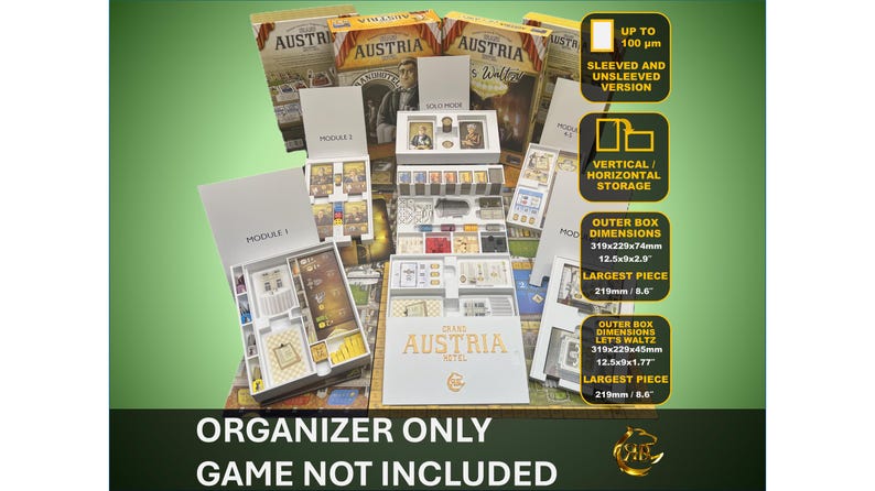 May include: An organizer for the board game Grand Austria Hotel. The image shows the organizer with various components, including boxes and cards. The text on the boxes reads "AUSTRIA" and "GRAND AUSTRIA HOTEL". The largest piece is 8.6 inches. The text "ORGANIZER ONLY GAME NOT INCLUDED" is also visible.