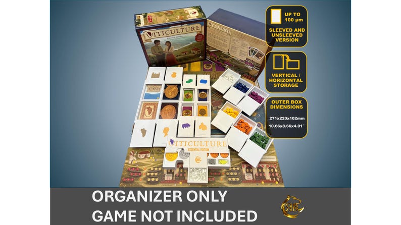 May include: White organizer insert for the board game Viticulture. The insert has compartments for storing game components, including cards, tokens, and tiles. The insert is designed to fit sleeved and unsleeved cards. The insert is made of high-quality materials and is designed to last. The insert is compatible with the original Viticulture game and the Tuscany expansion.