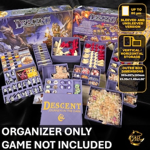 May include: A purple board game organizer for Descent Journeys in the Dark, featuring multiple compartments for miniatures, tokens, and cards. Includes text: UP TO 80 µm SLEEVED AND UNSLEEVED VERSION, VERTICAL / HORIZONTAL STORAGE, OUTER BOX DIMENSIONS 593x297x103mm 23.35x11.69x4.06, ORGANIZER ONLY GAME NOT INCLUDED.