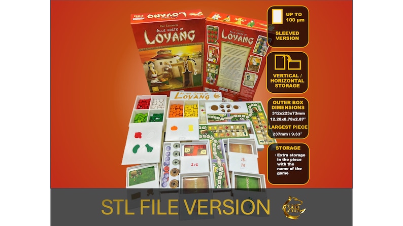 Pode incluir: Uma caixa branca e vermelha com o texto "LOYANG" na frente. A caixa est&aacute; aberta e mostra uma variedade de pe&ccedil;as de jogo, incluindo pequenos cubos de madeira, pe&ccedil;as e cartas. A caixa foi projetada para armazenar o jogo "All Taste of Loyang".