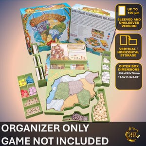 May include: An open board game organizer with various components, including a game board, card holders, and containers for game pieces. The box dimensions are 11.5x11.5x3.07 inches. The text on the image says "Organizer Only, Game Not Included."
