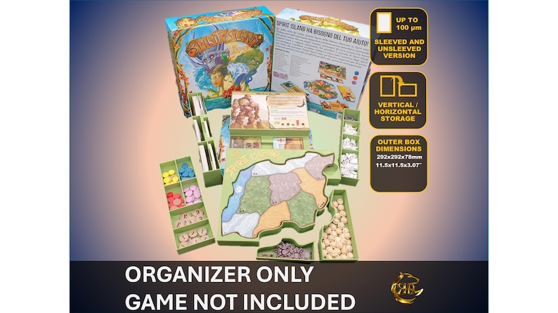 May include: An open board game organizer with various components, including a game board, card holders, and containers for game pieces. The box dimensions are 11.5x11.5x3.07 inches. The text on the image says "Organizer Only, Game Not Included."