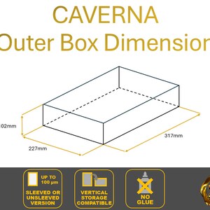 May include: Diagram showing the outer box dimensions for the Caverna board game. The box is 10.2 inches by 8.9 inches by 12.5 inches. The image also shows that the game is compatible with sleeved cards up to 100 microns and can be stored vertically.