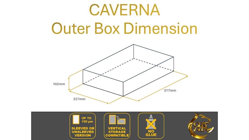 May include: Diagram showing the outer box dimensions for the Caverna board game. The box is 10.2 inches by 8.9 inches by 12.5 inches. The image also shows that the game is compatible with sleeved cards up to 100 microns and can be stored vertically.
