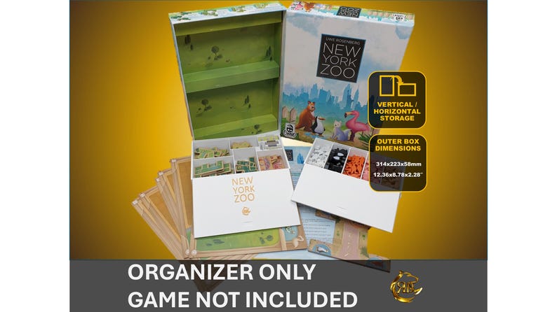 May include: A green and white organizer box for the board game "New York Zoo". The box has compartments for storing game pieces and cards. The box is labeled "New York Zoo" and has a label that says "Vertical/Horizontal Storage". The box is 12.36 inches by 8.78 inches by 2.28 inches.