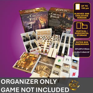 May include: An organizer for the board game "Le Case Della Follia" with various compartments and boxes. The image shows the organizer with game components, boxes, and cards. The text on the image says "Organizer Only, Game Not Included". The outer box dimensions are 11.69x11.69x5.35 inches.