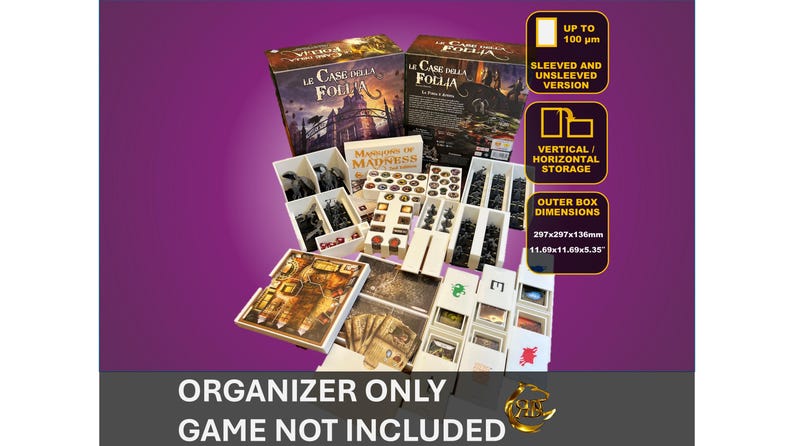 May include: An organizer for the board game "Le Case Della Follia" with various compartments and boxes. The image shows the organizer with game components, boxes, and cards. The text on the image says "Organizer Only, Game Not Included". The outer box dimensions are 11.69x11.69x5.35 inches.