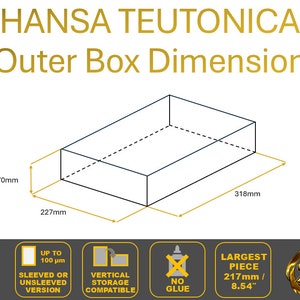 Może przedstawiać: Diagram przedstawiający wymiary zewnętrznego pudełka na produkt. Pudełko ma 318 mm długości, 227 mm szerokości i 70 mm wysokości. Tekst "HANSA TEUTONICA Outer Box Dimension" znajduje się w g&oacute;rnej części obrazu. Obraz zawiera r&oacute;wnież informacje o produkcie, takie jak maksymalna grubość produktu, kt&oacute;ry można przechowywać w pudełku, czy produkt można przechowywać pionowo oraz rozmiar największego elementu, kt&oacute;ry można przechowywać w pudełku.