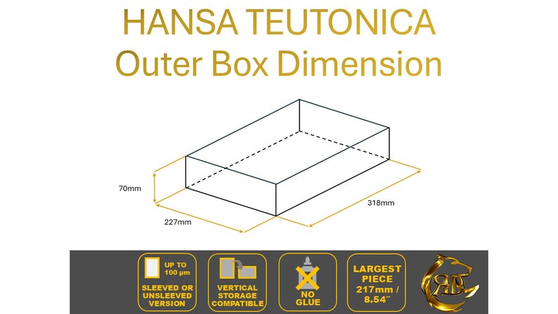 Może przedstawiać: Diagram przedstawiający wymiary zewnętrznego pudełka na produkt. Pudełko ma 318 mm długości, 227 mm szerokości i 70 mm wysokości. Tekst "HANSA TEUTONICA Outer Box Dimension" znajduje się w g&oacute;rnej części obrazu. Obraz zawiera r&oacute;wnież informacje o produkcie, takie jak maksymalna grubość produktu, kt&oacute;ry można przechowywać w pudełku, czy produkt można przechowywać pionowo oraz rozmiar największego elementu, kt&oacute;ry można przechowywać w pudełku.