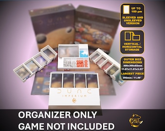 May include: An organizer for the Dune: Imperium board game. The white organizer has multiple compartments for game pieces, including card holders and trays for tokens. The box dimensions are 11.81x11.81x3.23 inches. The largest piece is 11.49 inches.