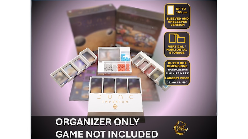 May include: An organiser for the Dune: Imperium board game. The white organiser has multiple compartments for game pieces, including card holders and trays for tokens. The box dimensions are 300x300x82mm. The largest piece is 292mm.