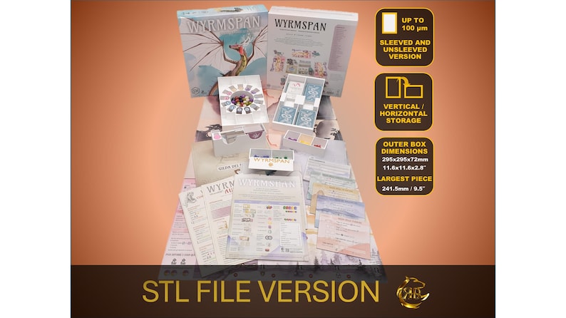 May include: A board game box set titled "Wyrmspan" with a dragon illustration, game components, cards, and instructions. The box dimensions are 295x295x72mm. The largest piece is 241.5mm. The text "STL FILE VERSION" is at the bottom.