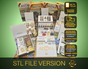 May include: A board game set with multiple boxes and components, including cards and game pieces. The boxes are labeled "Austria" and "Grand Austria Hotel." The image includes text indicating "STL File Version" and dimensions in inches and millimeters.
