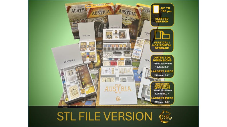 Pode incluir: Um conjunto de jogos de tabuleiro com v&aacute;rias caixas e componentes, incluindo cartas e pe&ccedil;as de jogo. As caixas est&atilde;o rotuladas como "Austria" e "Grand Austria Hotel". A imagem inclui texto indicando "STL File Version" e dimens&otilde;es em mm.