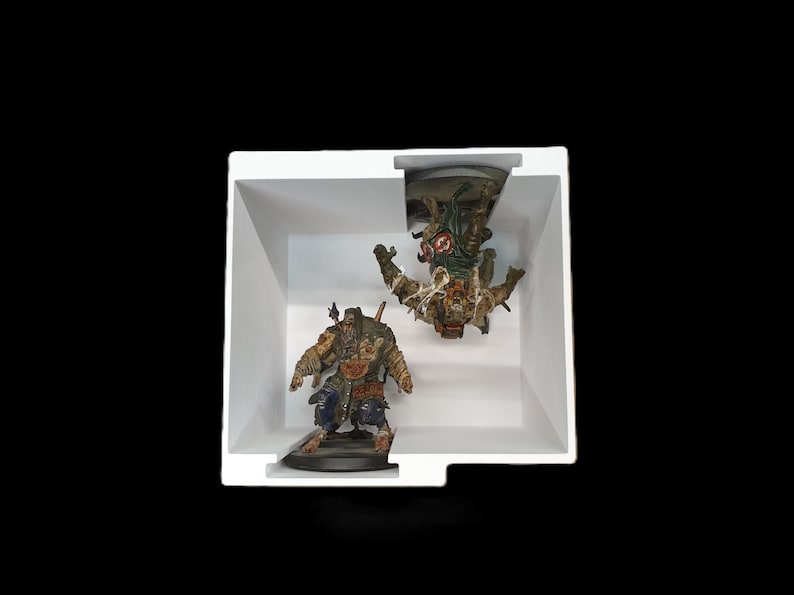 May include: Two detailed miniature figurines of fantasy characters are displayed inside a white box against a black background. One figure stands upright, while the other is positioned upside down. The figures are painted with various colors and appear to be part of a tabletop game.