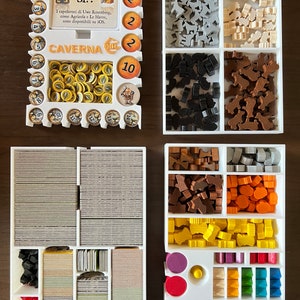 May include: White plastic organizer with multiple compartments for storing game pieces. The organizer has a label that reads "Caverna" and "S&igrave;?!". The game pieces are in various colors, including brown, black, gray, white, yellow, orange, red, and green.