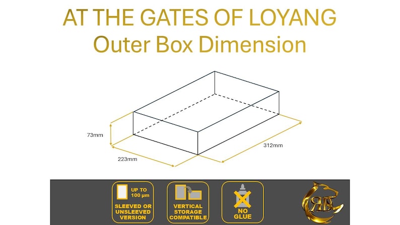 May include: Diagram showing the outer box dimensions for a board game called "At the Gates of Loyang". The box is 7.3 inches by 8.75 inches by 12.25 inches. The image also shows that the game can be stored vertically and that the game pieces can be sleeved or unsleeved.