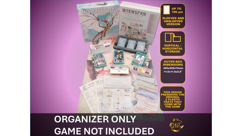 以下が含まれることがあります： ボードゲームWyrmspanのオーガナイザー。様々な収納容器、カード、ゲームコンポーネントが含まれています。箱の寸法は295x295x72mmです。デザインは、ゲームに付属するオリジナルの4つのプラスチックトレイを保持しています。「ORGANIZER ONLY GAME NOT INCLUDED」のテキストが表示されています。