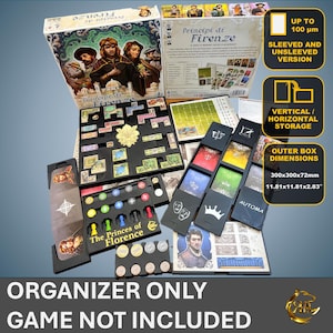 Op de afbeelding: Een zwart-witte organizer voor het bordspel "The Princes of Florence". De organizer bevat vakken voor de spelonderdelen, waaronder kaarten, tegels en tokens. De organizer is ontworpen om te passen bij gesleevede en niet-gesleevede kaarten. De organizer is gemaakt van hoogwaardige materialen en is ontworpen om jarenlang mee te gaan. De organizer is ook gemakkelijk te monteren en te demonteren.