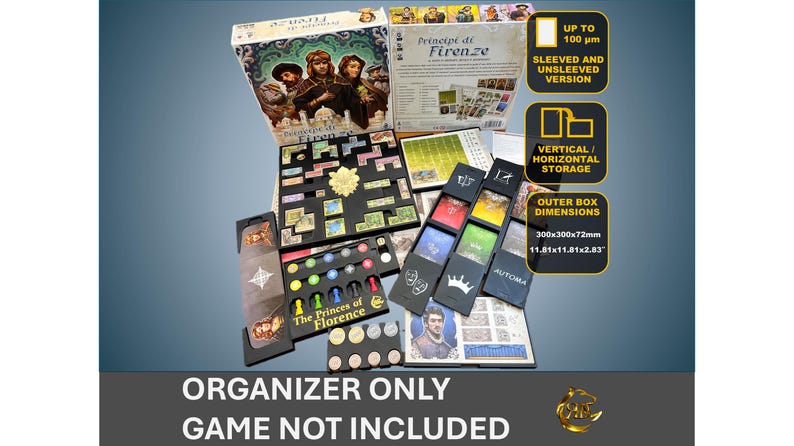 Pu&ograve; includere: Un organizzatore in bianco e nero per il gioco da tavolo "The Princes of Florence". L'organizzatore include scomparti per i componenti del gioco, tra cui carte, tessere e gettoni. L'organizzatore &egrave; progettato per adattarsi a carte con e senza buste. L'organizzatore &egrave; realizzato con materiali di alta qualit&agrave; ed &egrave; progettato per durare anni. L'organizzatore &egrave; anche facile da assemblare e smontare.