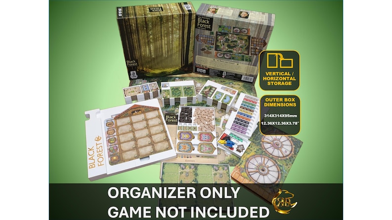 May include: A white organizer for the board game Black Forest. The organizer has compartments for all the game components, including the game board, tiles, and tokens. The organizer is designed to fit in the original game box. The text on the organizer says "Black Forest" and "Organizer Only, Game Not Included".