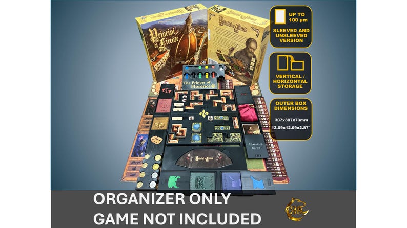 K&ouml;nnte beinhalten: Ein schwarzer Organizer f&uuml;r das Brettspiel "The Princes of Florence". Der Organizer enth&auml;lt F&auml;cher f&uuml;r die Spielkomponenten, darunter Karten, Spielsteine und Kacheln. Der Organizer ist so konzipiert, dass er f&uuml;r Karten mit oder ohne H&uuml;llen passt. Der Organizer ist aus hochwertigen Materialien gefertigt und f&uuml;r eine lange Lebensdauer ausgelegt. Der Organizer ist au&szlig;erdem so konzipiert, dass er einfach zu montieren und zu demontieren ist. Der Organizer ist mit der Originalverpackung des Spiels kompatibel. Der Organizer wird separat vom Spiel verkauft.